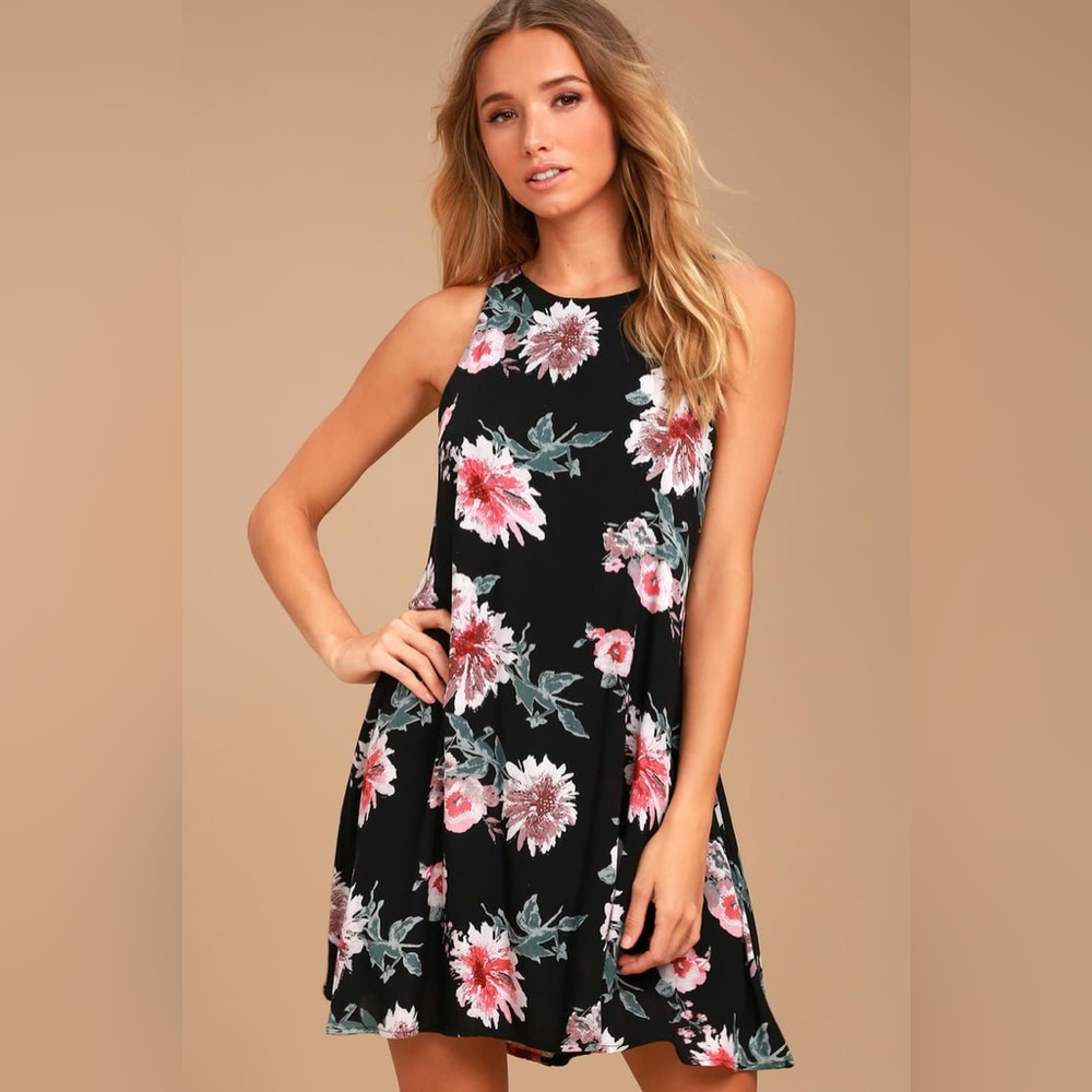 Lulus Black Floral Print Swing Dress, Medium